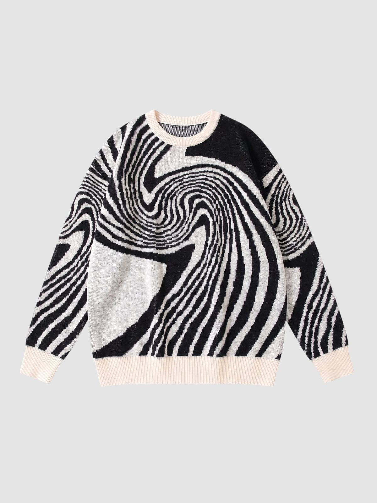Y2K STUDIO long-sleeve knit sweater featuring a black and off-white spiral swirl pattern with a crew neck.