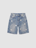 Y2K Studio high-waisted light blue denim jorts featuring scattered white star prints and a relaxed straight-leg fit.
