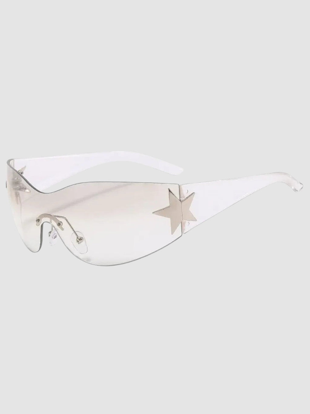 Y2K Studio Y2K star shield sunglasses with a frameless gradient lens and silver star detail on clear temples