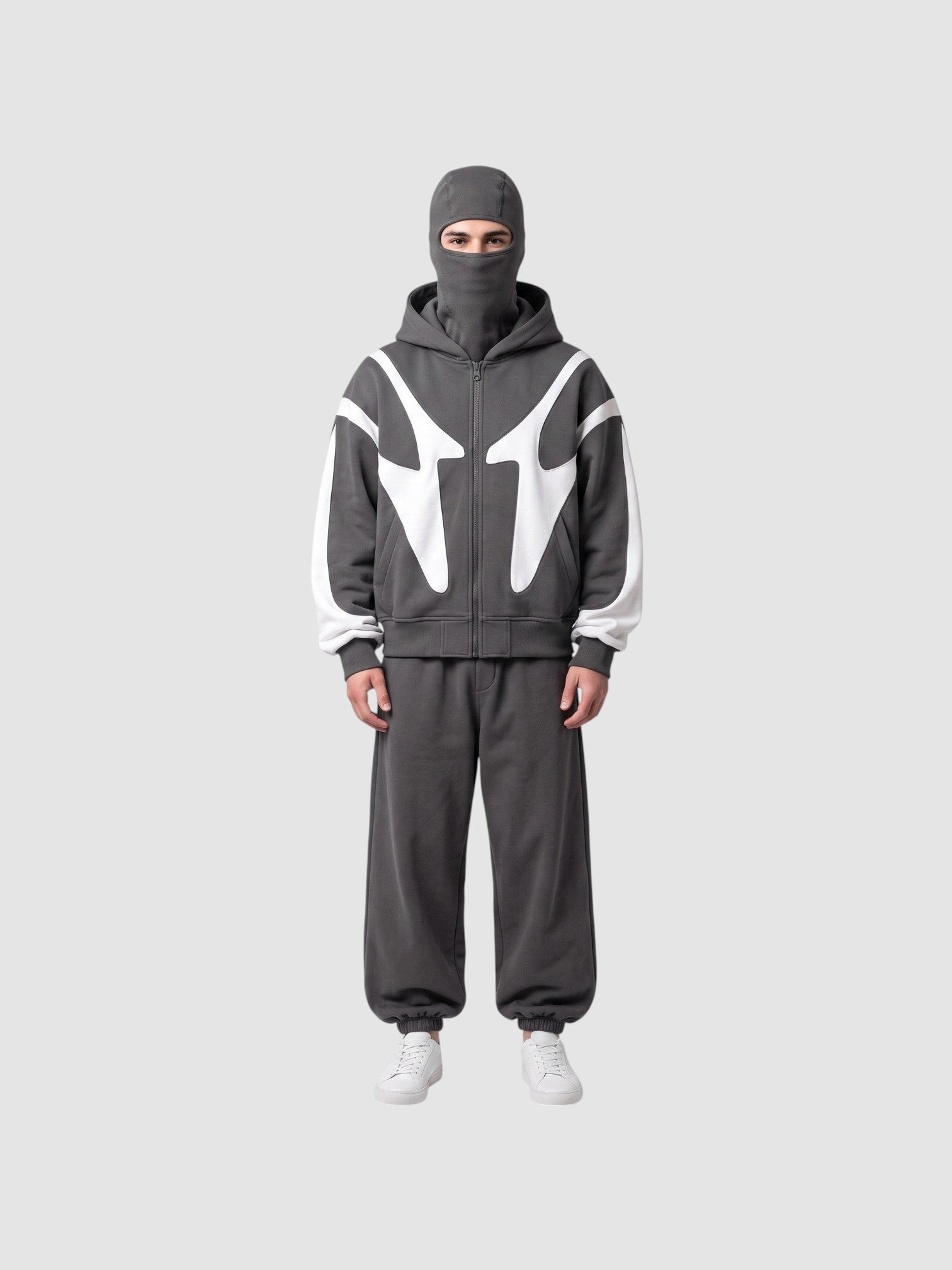 Y2K Studio streetwear jacket with integrated balaclava hood, featuring white graphic accents on a grey fleece base.