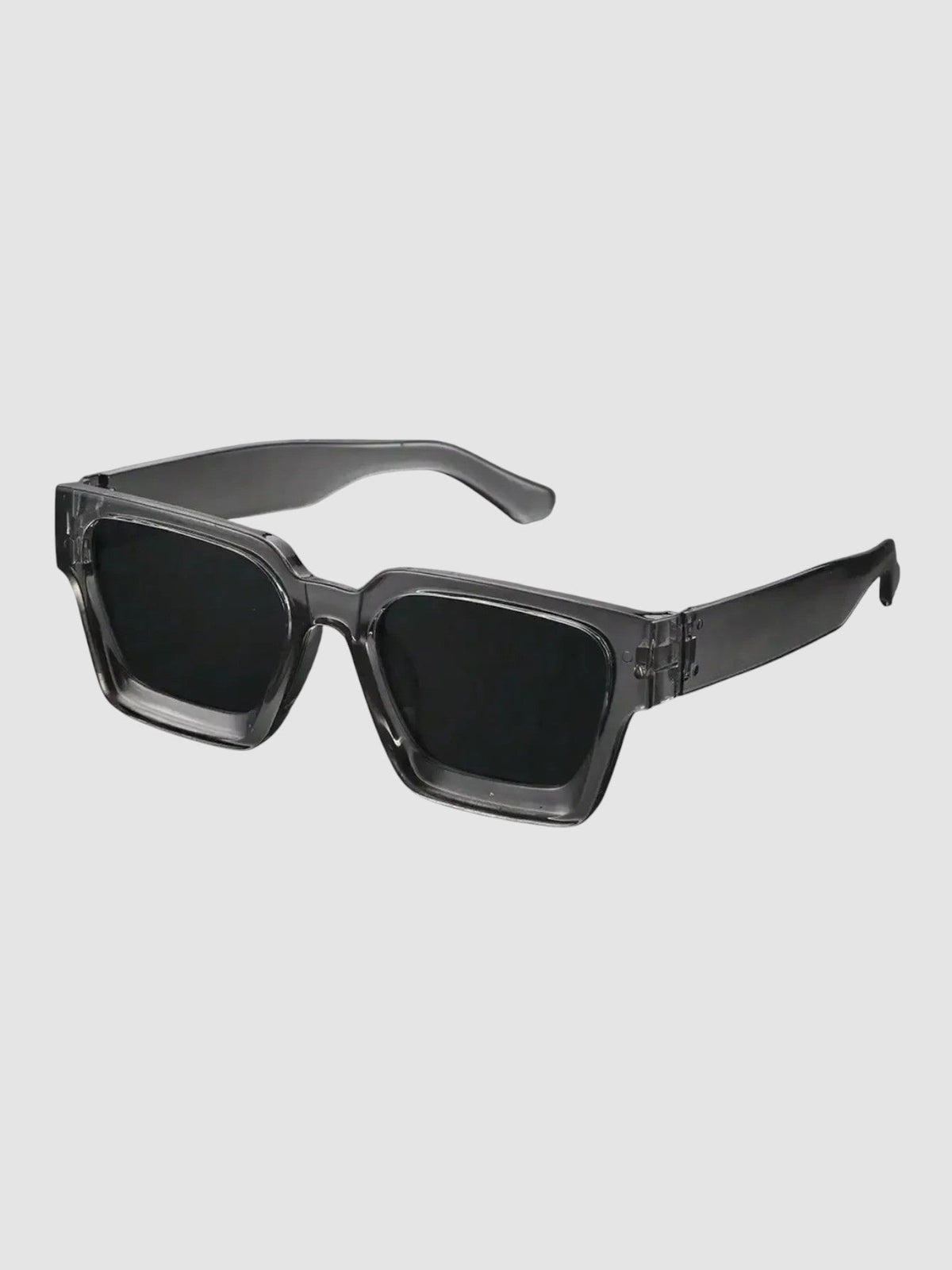 Y2K Studio thick rectangular sunglasses in crystal grey with dark UV400 polycarbonate lenses and metal hinge details.