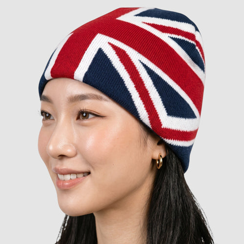 Y2K Studio beanie featuring a navy blue, red, and white Union Jack flag pattern in soft acrylic knit