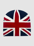 Y2K Studio acrylic knit beanie featuring a bold Union Jack flag design in navy blue, red, and white.