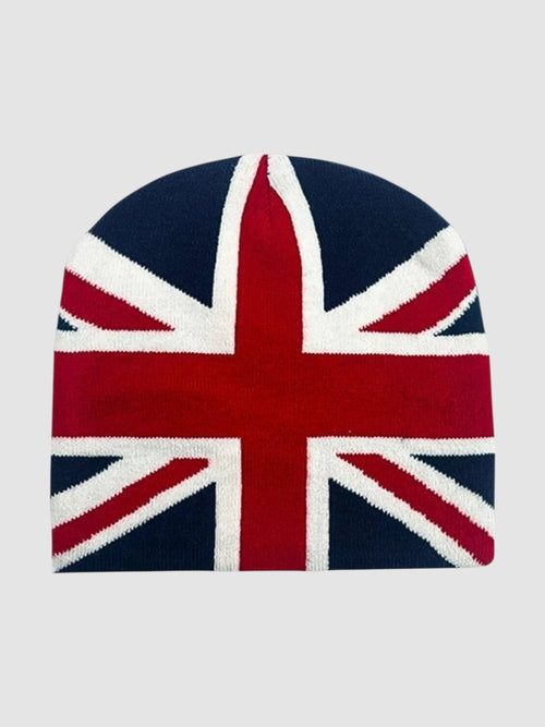 Y2K Studio acrylic knit beanie featuring a bold Union Jack flag design in navy blue, red, and white.