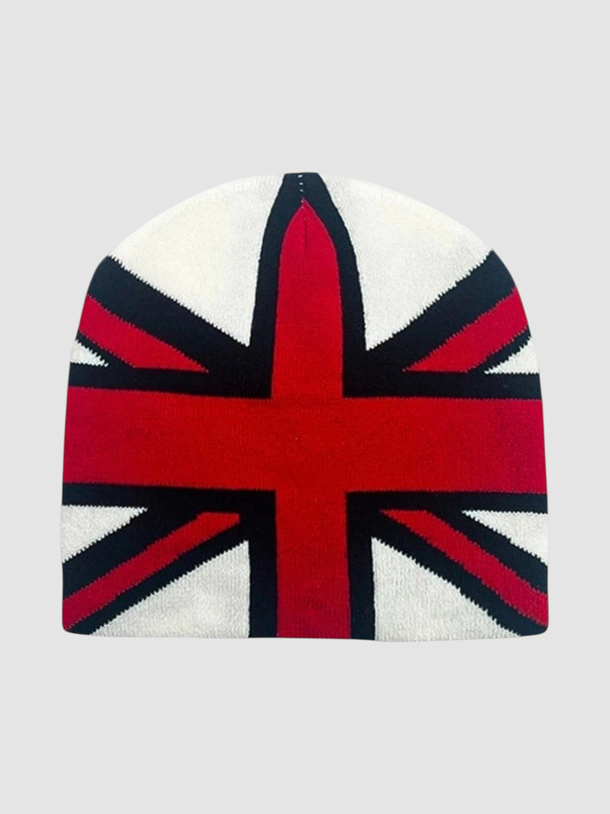 Y2K Studio acrylic knit beanie featuring a bold red, white, and blue Union Jack flag pattern in a classic high fit.