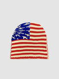 Y2K Studio USA flag beanie with digital camouflage blue canton and red and off-white stripes in stretchy knit fabric