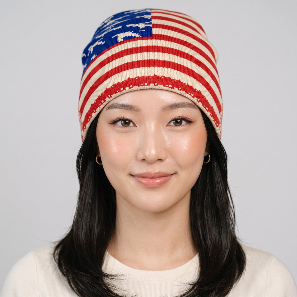 Y2K Studio USA flag beanie with stars and stripes pattern worn by a model on a light grey background