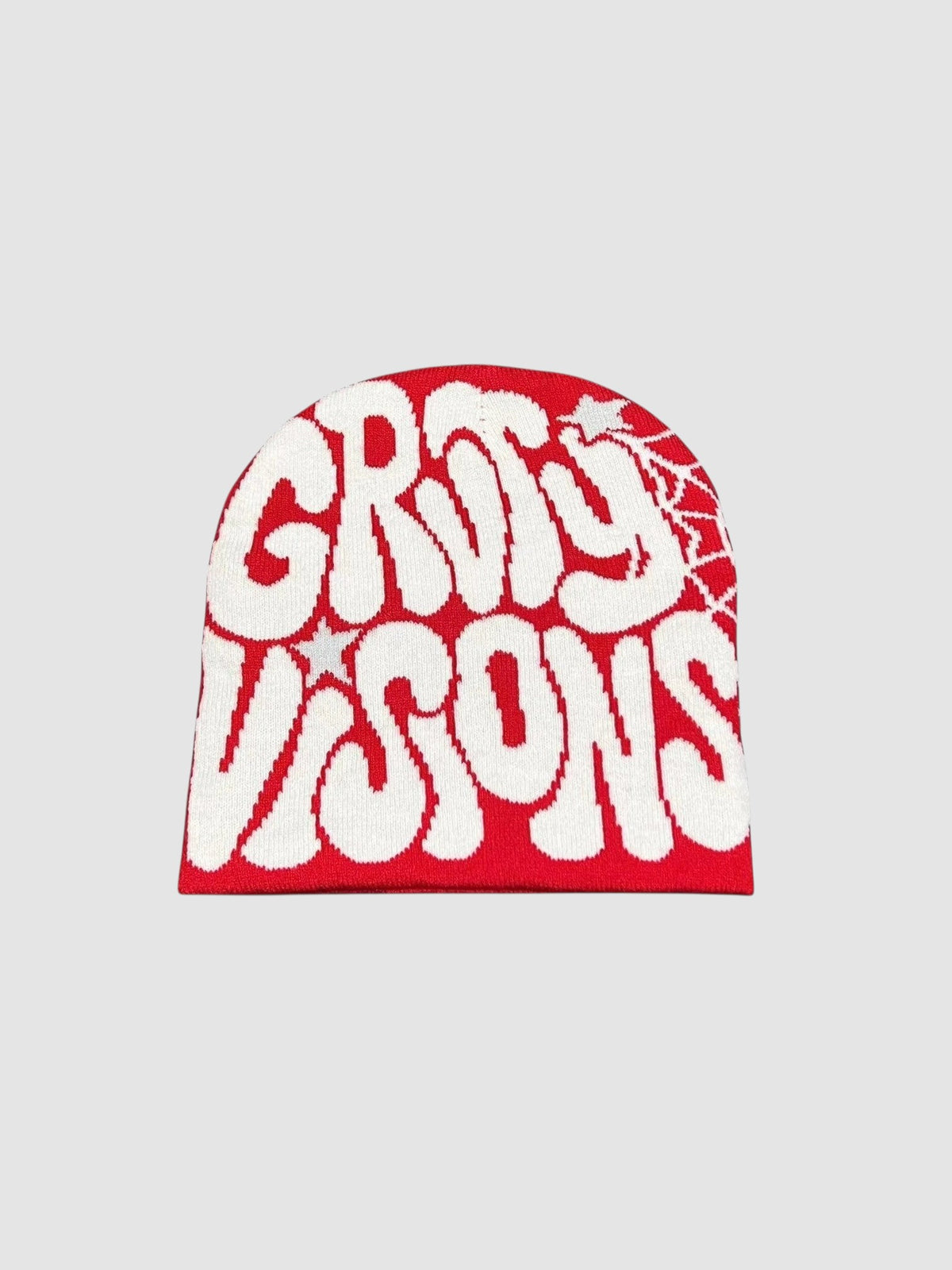 Y2K Studio vintage beanie in red and white with groovy bubble graffiti lettering and small star details