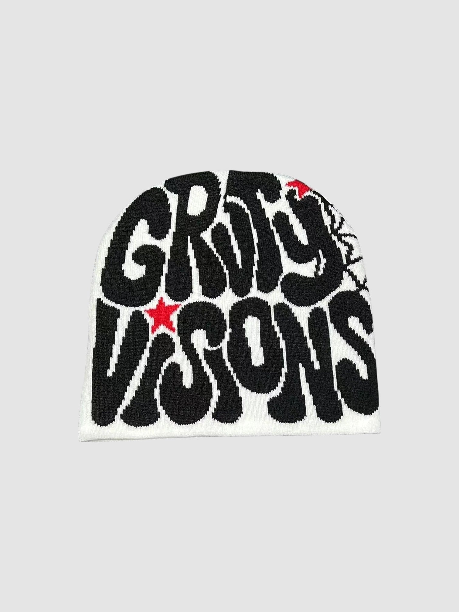 Y2K Studio vintage beanie in white with black groovy graffiti lettering and small red star accents