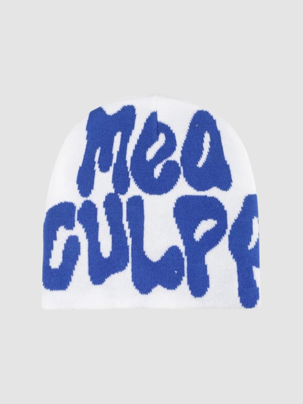 Y2K Studio white beanie with blue graffiti style Mea Culpa bubble lettering in a skullie fit