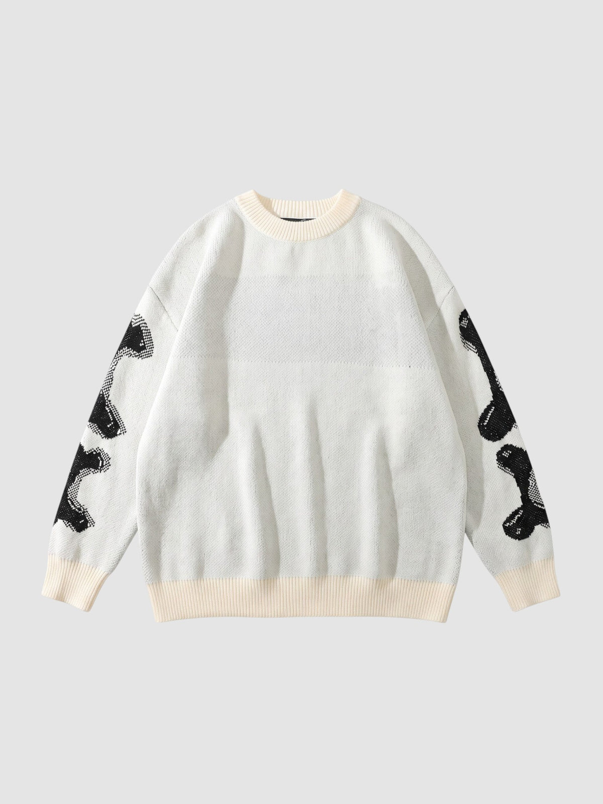 Y2K STUDIO white knit sweater with black bone pattern on sleeves and ribbed crew neck in a streetwear style