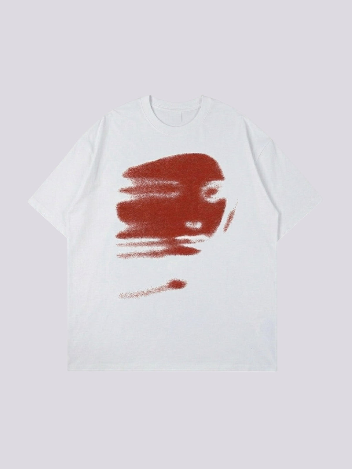 Y2K Studio white cotton t-shirt featuring a blurred, brick-red abstract face print in a Y2K aesthetic style.