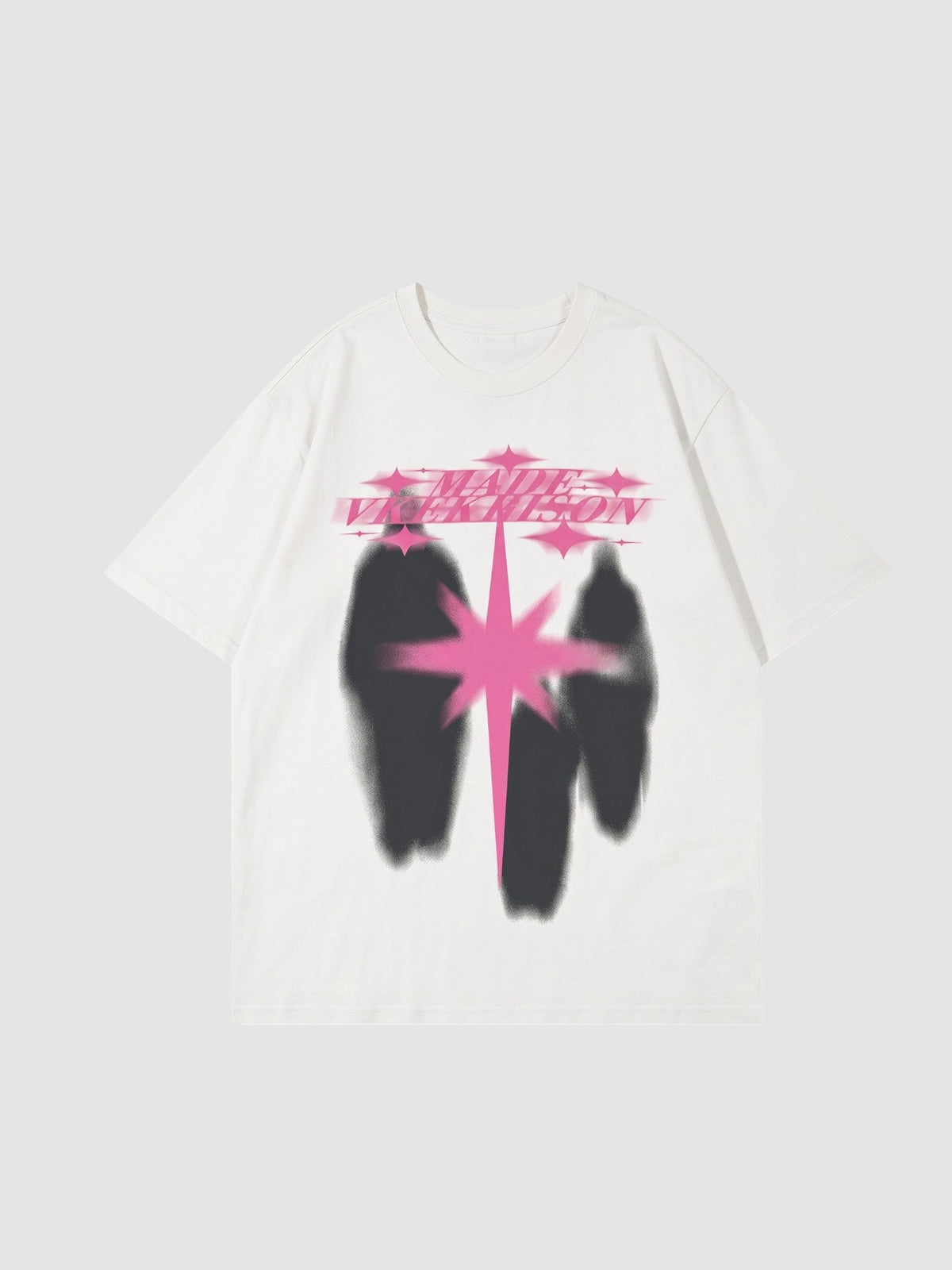 Y2K Studio white cotton t-shirt featuring a neon pink star graphic and blurred black silhouettes in a Y2K style.