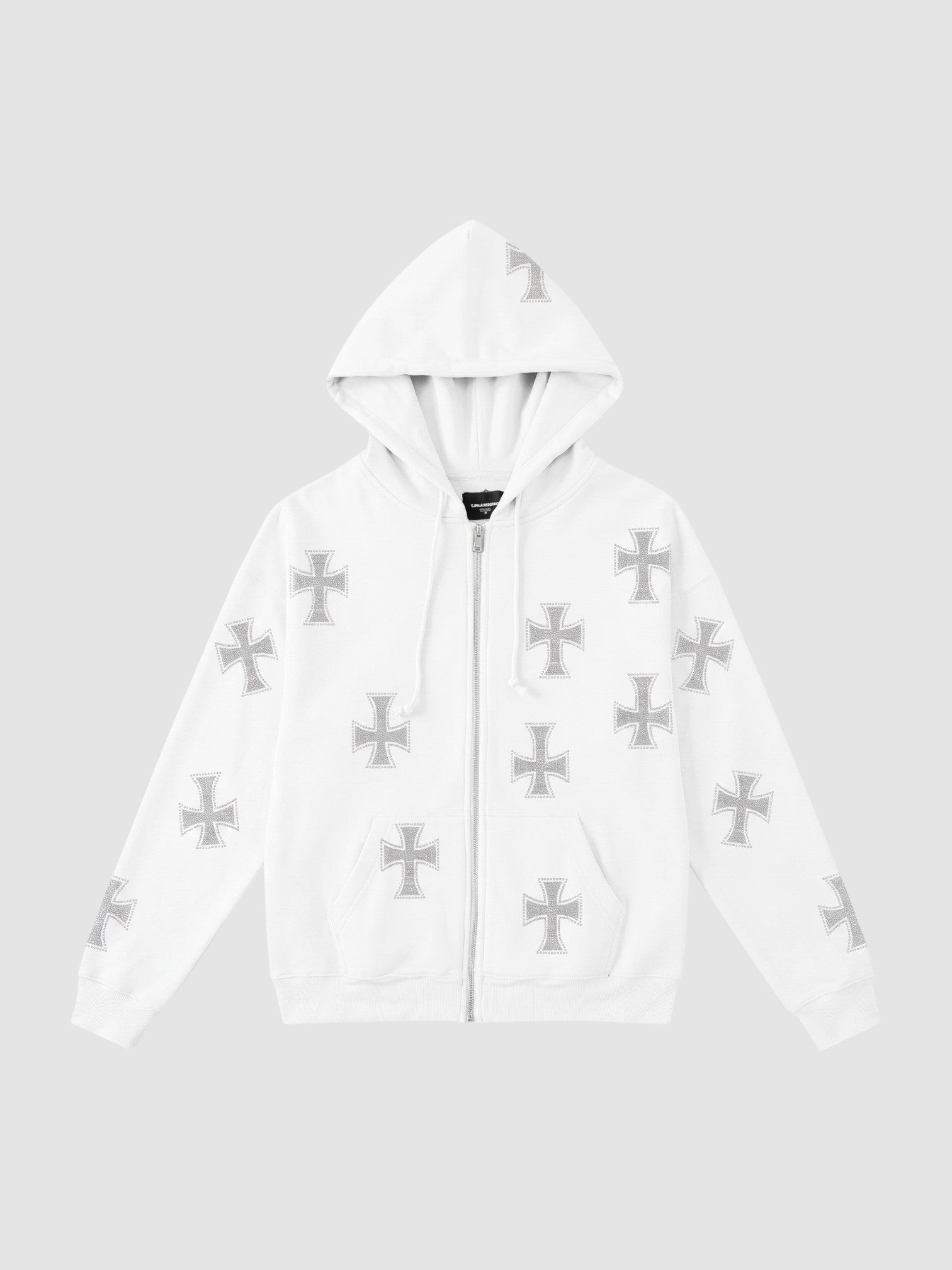 Y2K Studio white zip-up hoodie featuring a repeating grey cross pattern, drawstring hood, and front pockets.