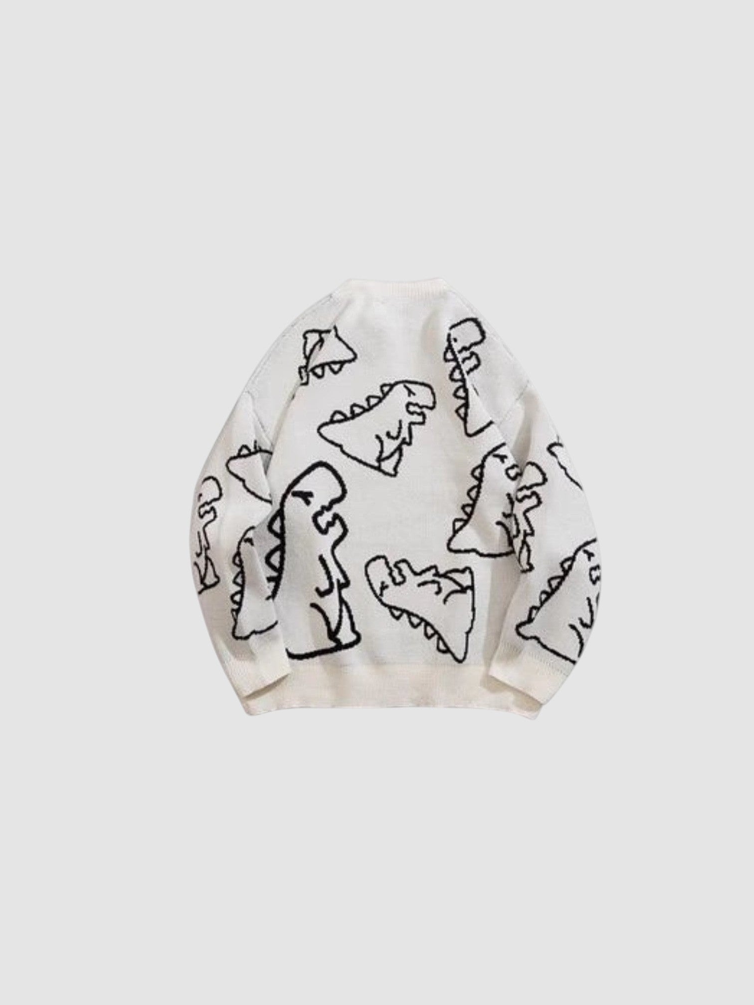 Y2K STUDIO white knit sweater featuring a black cartoon dinosaur pattern and a classic round neck design.