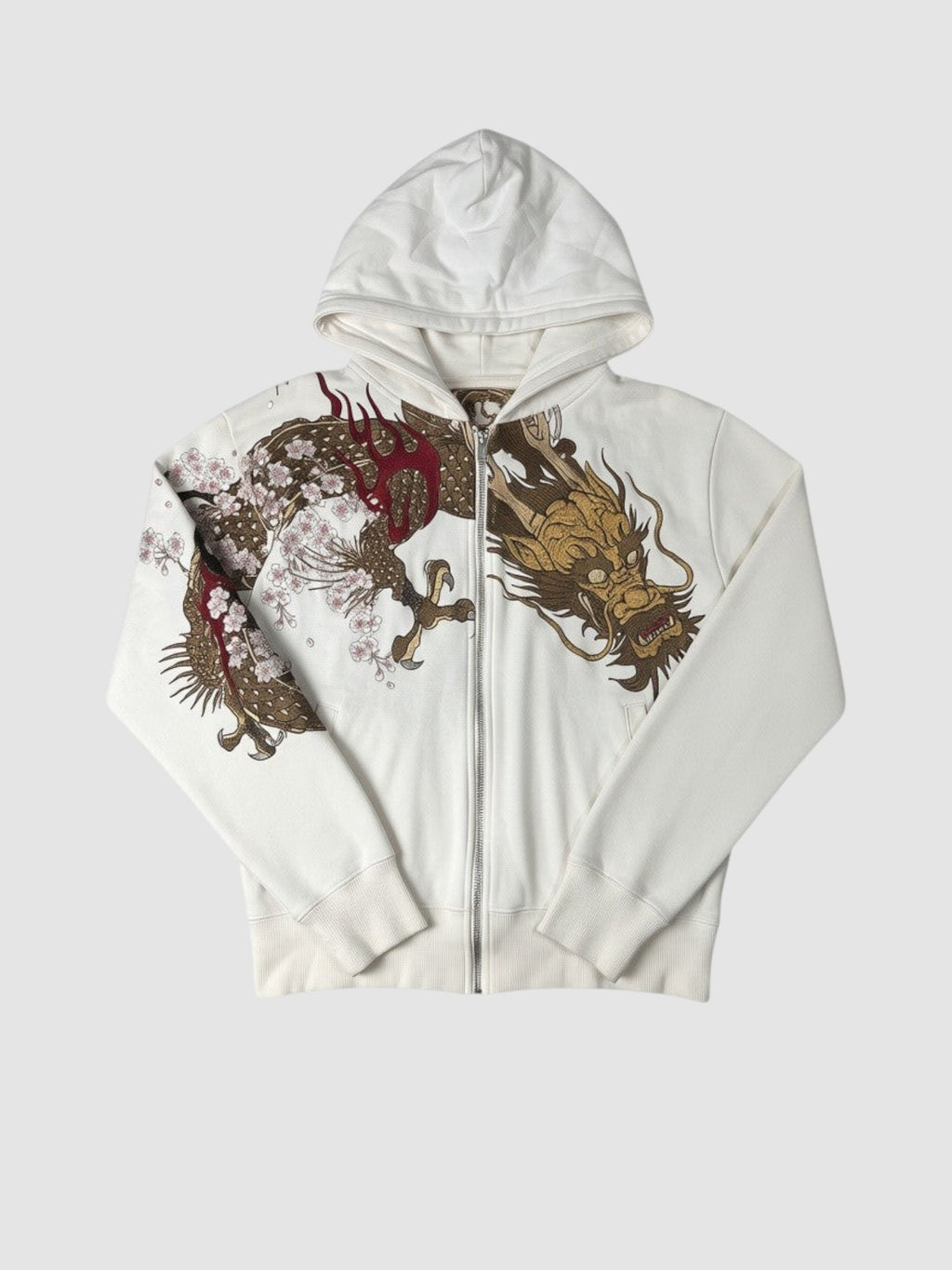 Y2K Studio white zip-up hoodie featuring a detailed gold and brown dragon print with cherry blossoms