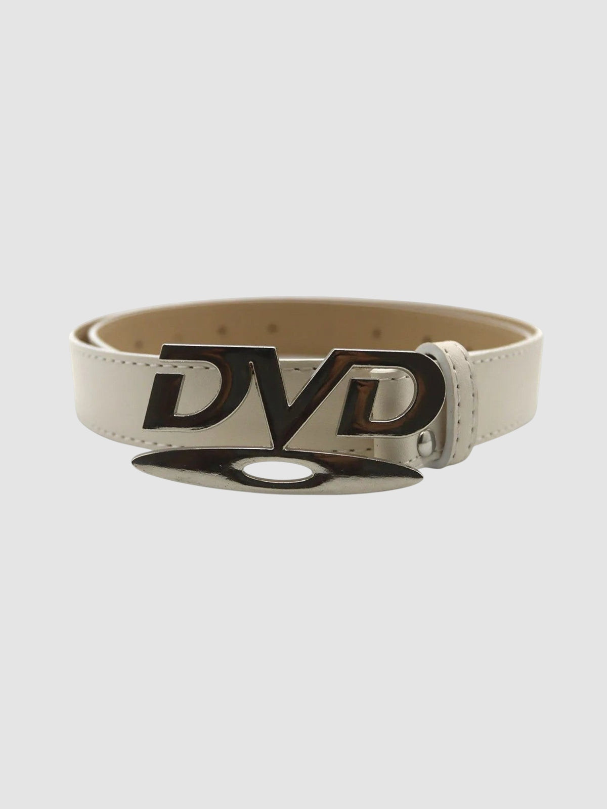 Y2K Studio white faux leather belt featuring a silver metallic DVD logo buckle in a 2000s streetwear style.