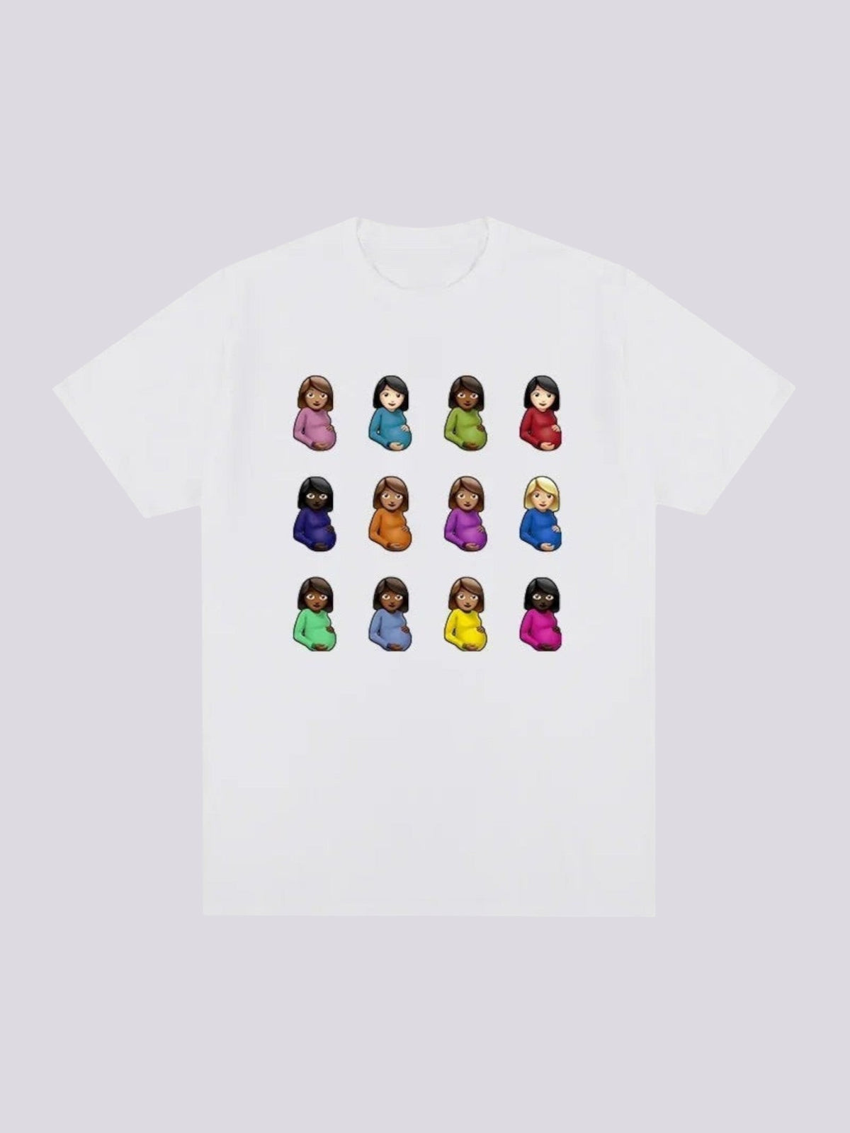 Y2K Studio white t-shirt featuring a grid of twelve colorful pregnant woman emojis in a Y2K graphic style.