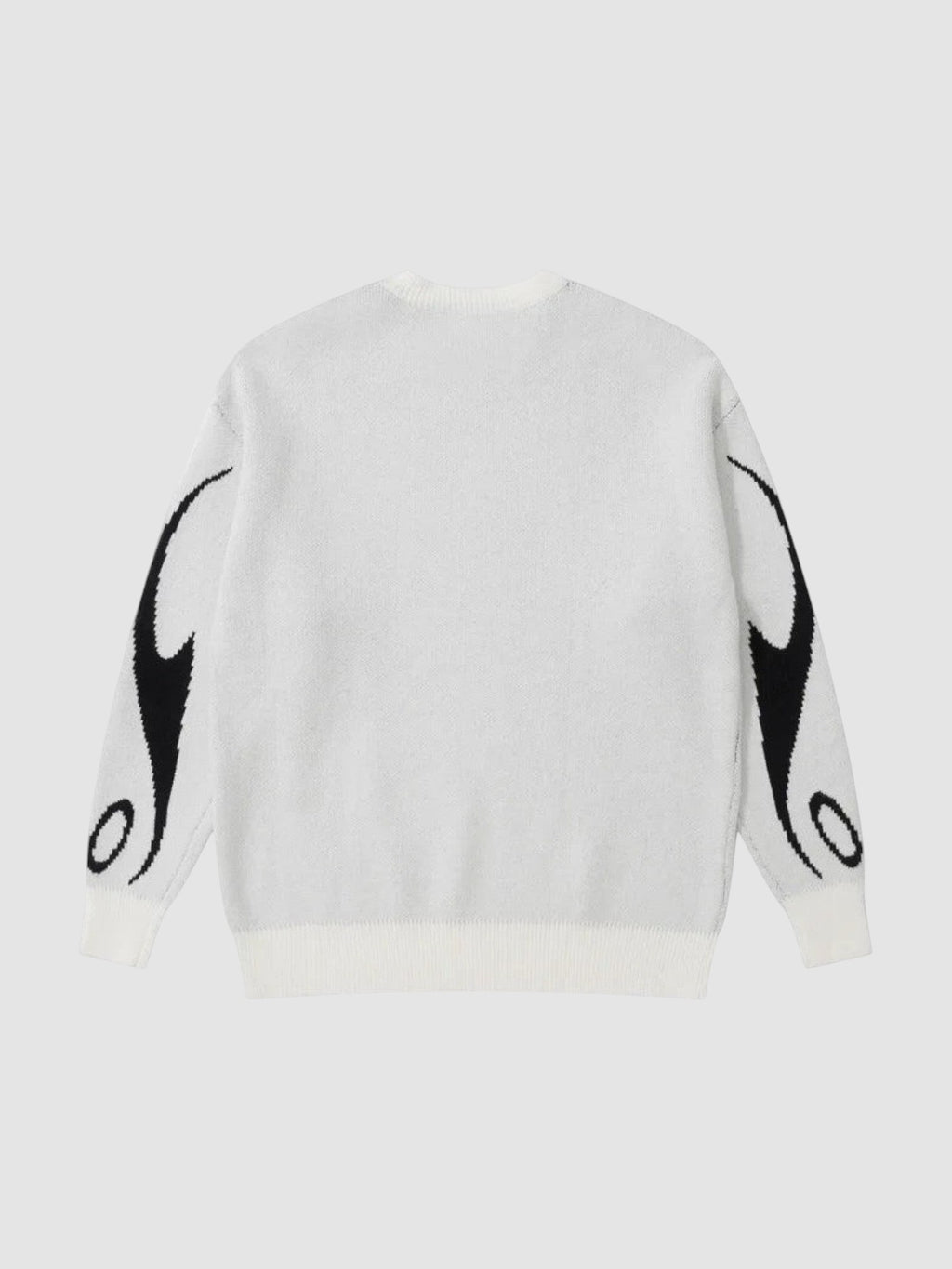 Y2K STUDIO white knit sweater with black flame motifs on the sleeves, featuring a crew neck and loose fit.