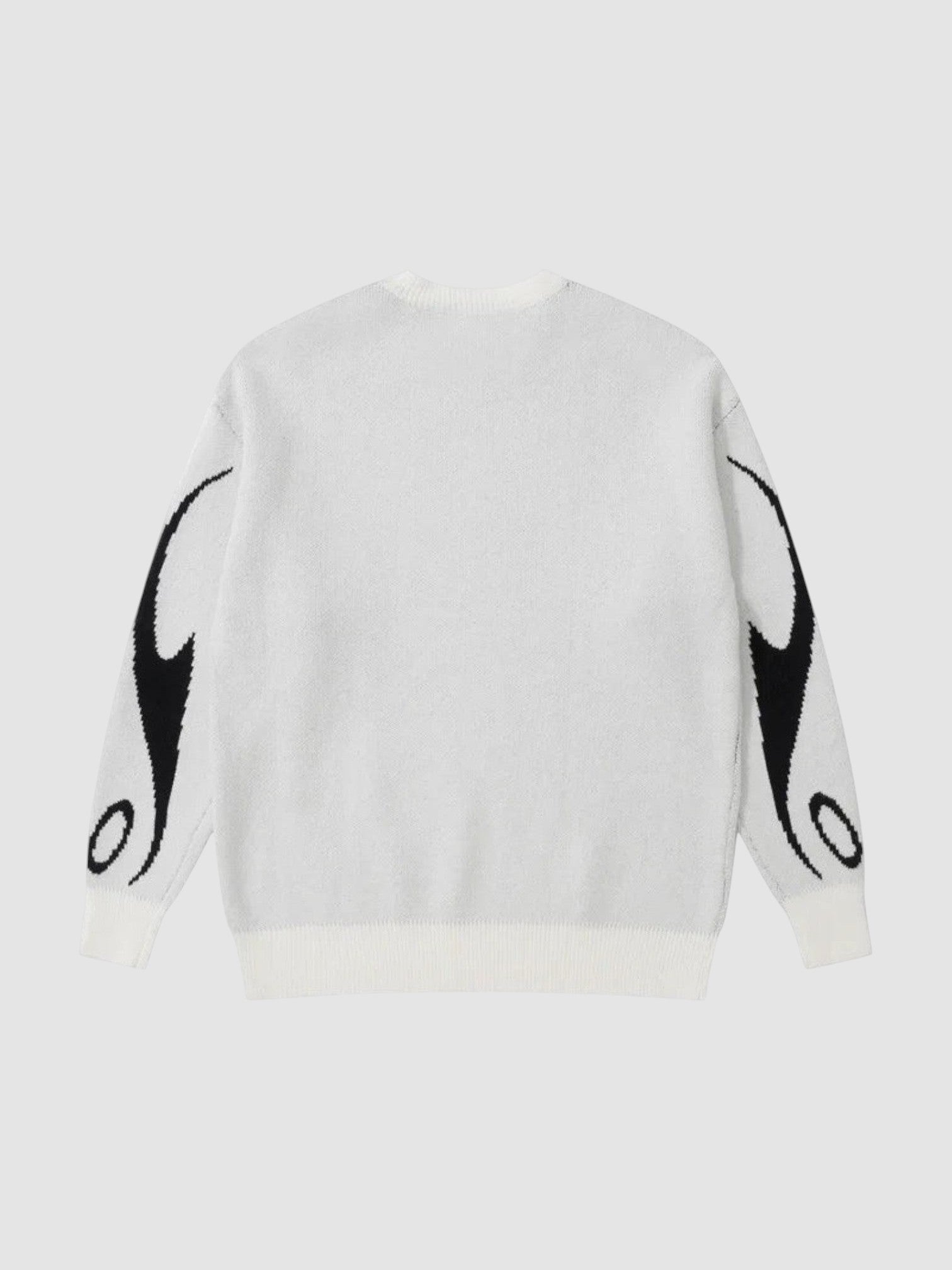 Y2K STUDIO white knit sweater with black flame motifs on the sleeves, featuring a crew neck and loose fit.