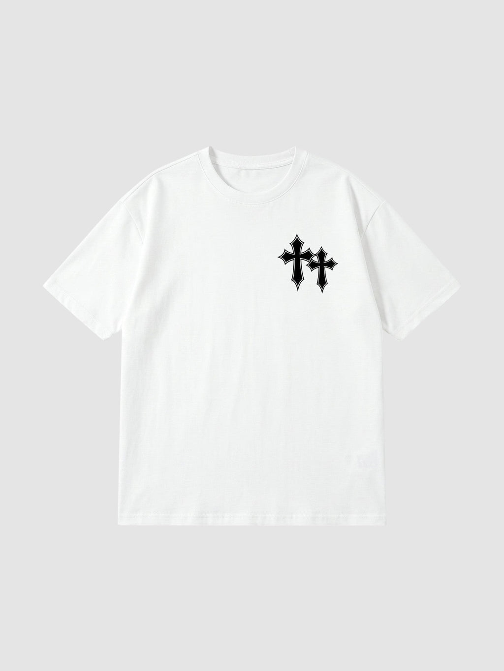 Y2K Studio white oversized cotton t-shirt with black gothic cross graphic on the chest and ribbed crew neck.