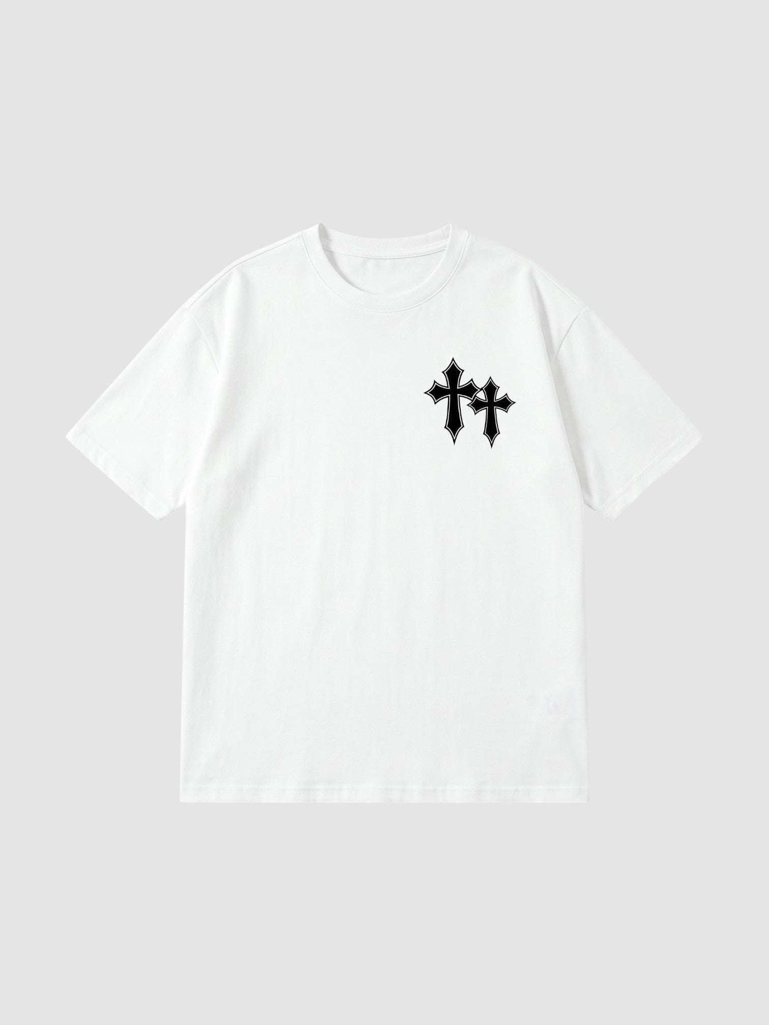 Y2K Studio white oversized cotton t-shirt with black gothic cross graphic on the chest and ribbed crew neck.