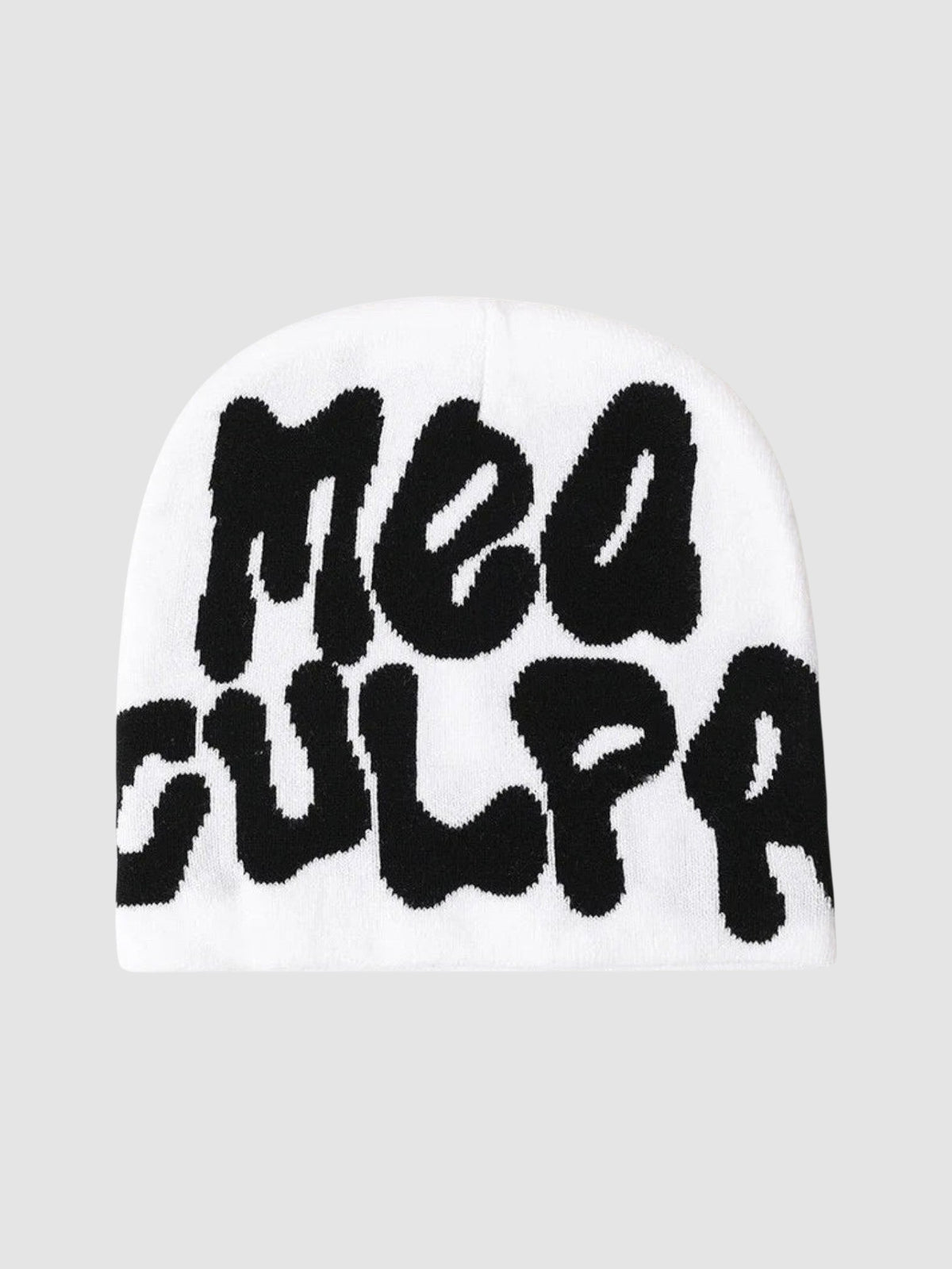 Y2K Studio white beanie with black graffiti-style Mea Culpa bubble lettering in a skullie fit