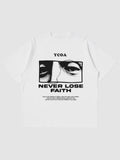 Y2K Studio white oversize t-shirt with Never Lose Faith graphic print featuring eyes and bold typography