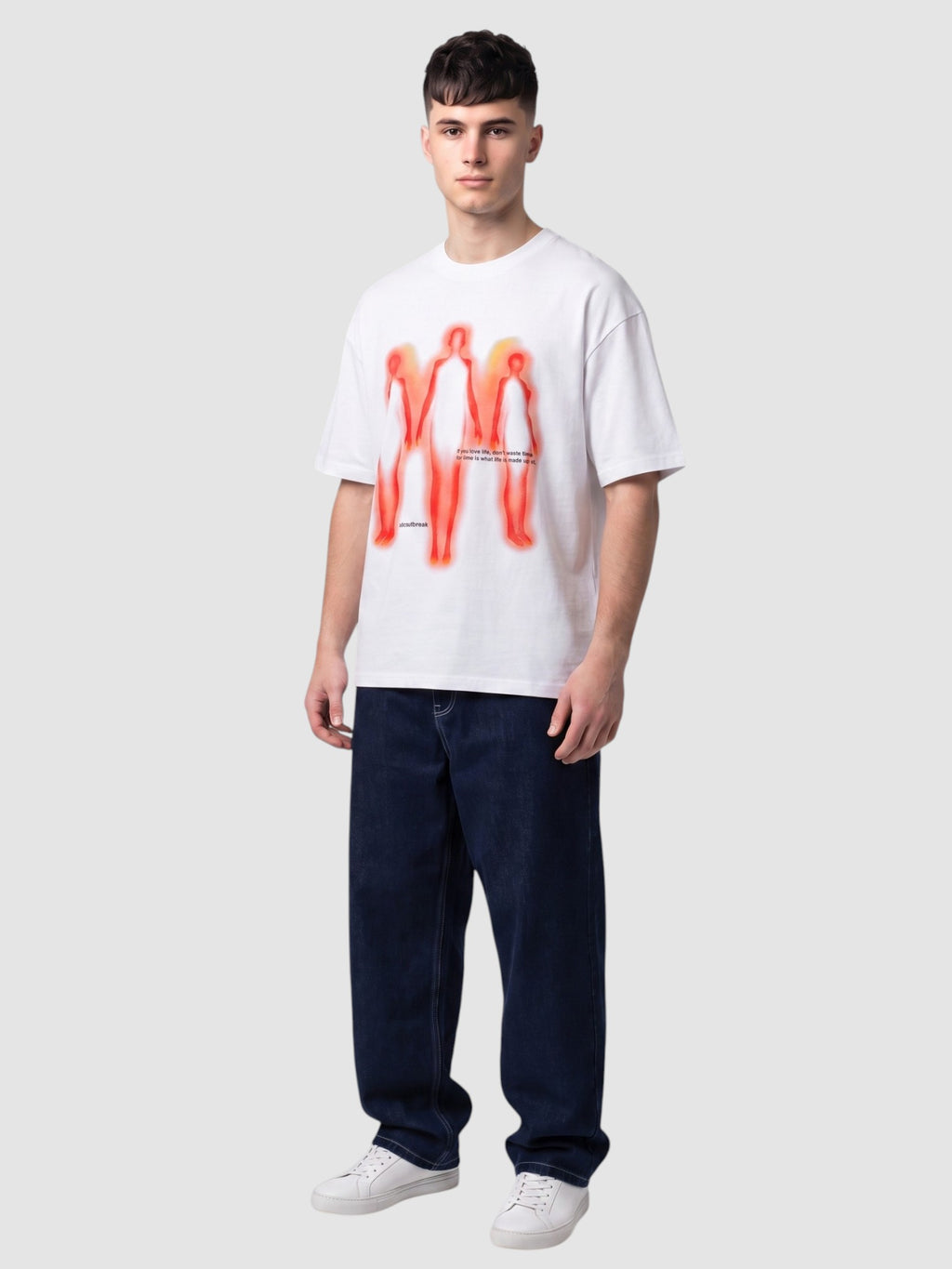 Y2K Studio white oversized cotton t-shirt with red and orange thermal-style silhouette graphic print on a male model