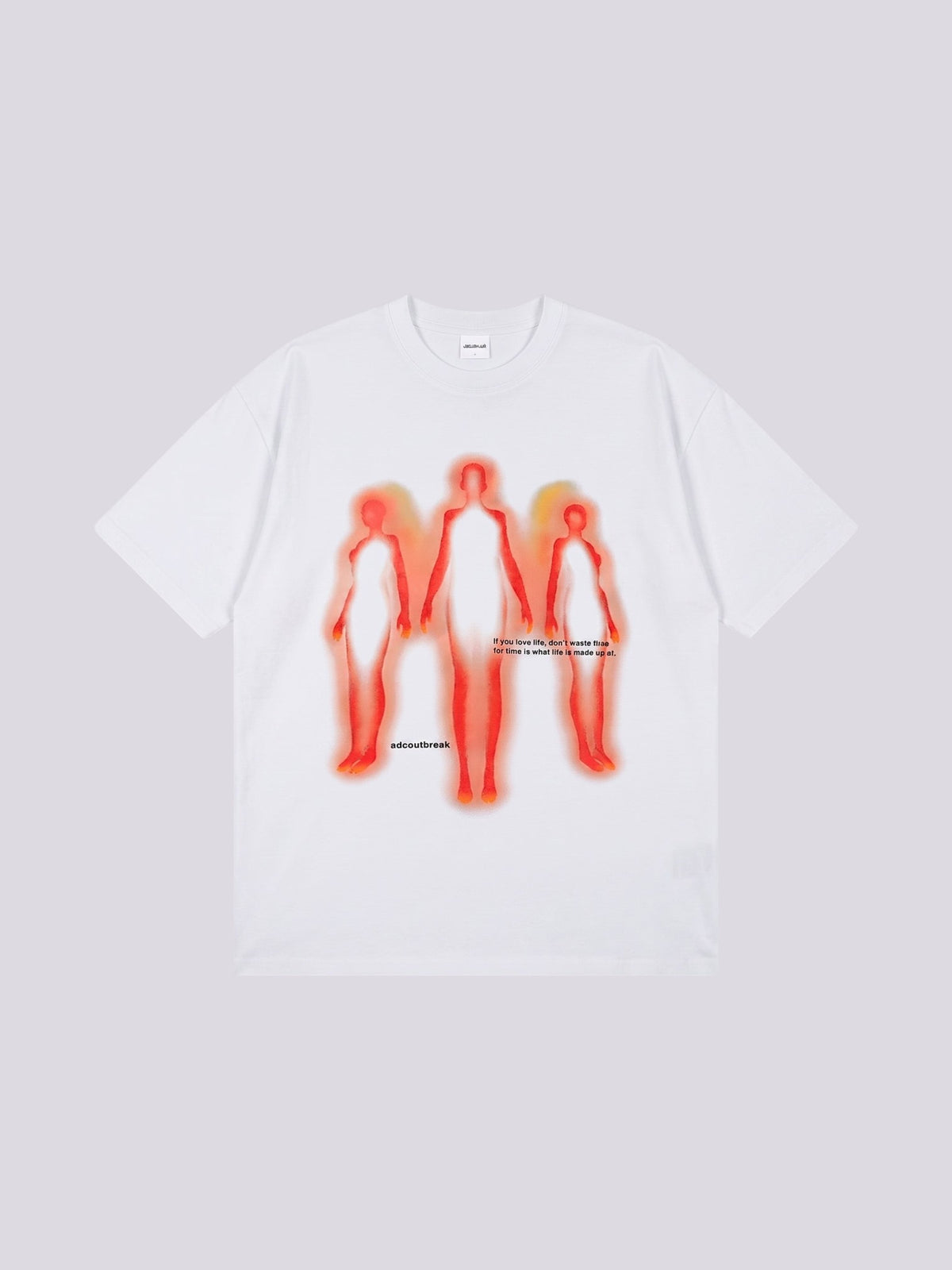 Y2K Studio white oversized cotton t-shirt featuring a red and orange thermal-style human silhouette graphic print.