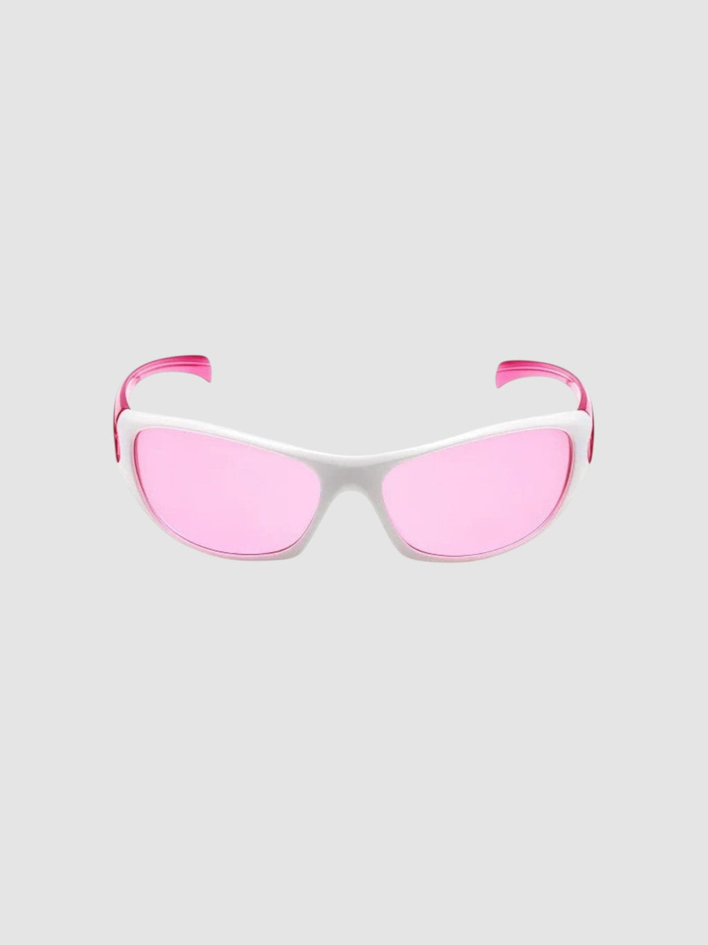 Y2K Studio wraparound sport sunglasses with white frame and pink tinted lenses for a retro athletic look