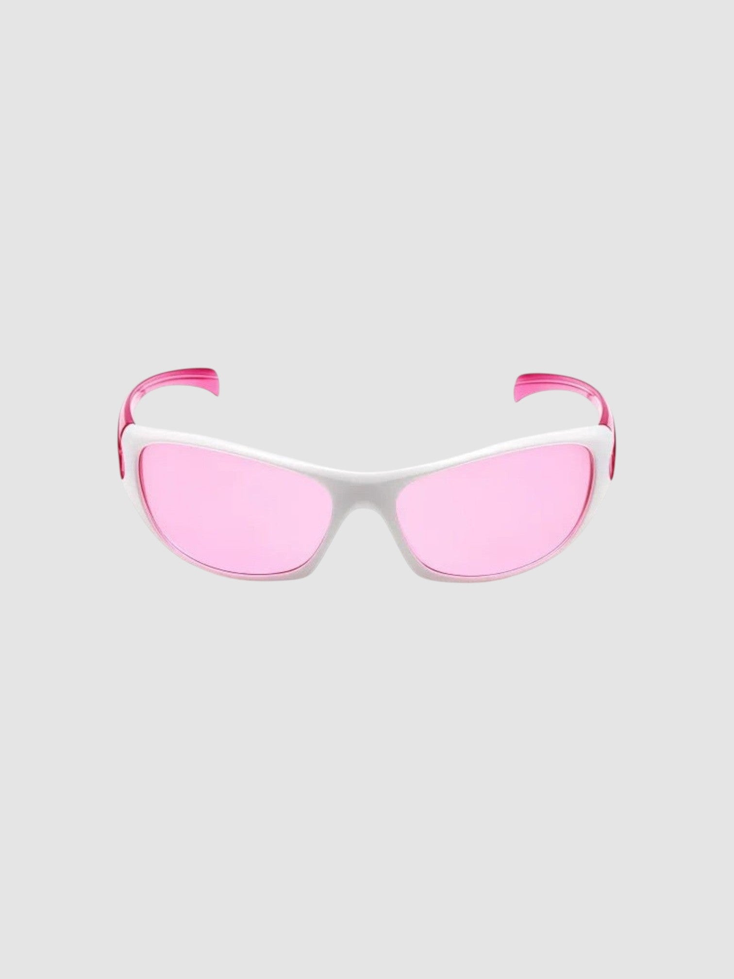 Y2K Studio wraparound sport sunglasses with white frame and pink tinted lenses for a retro athletic look