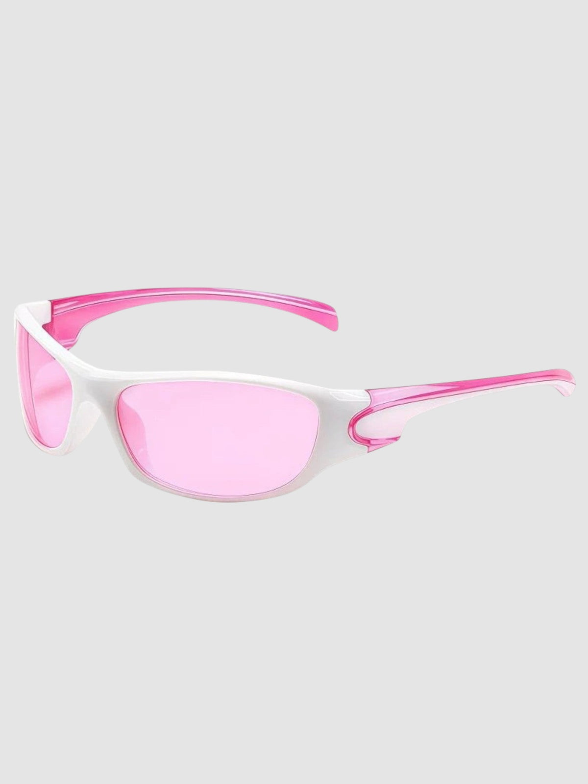 Y2K Studio wraparound sport sunglasses with a white frame and translucent pink lenses and temples