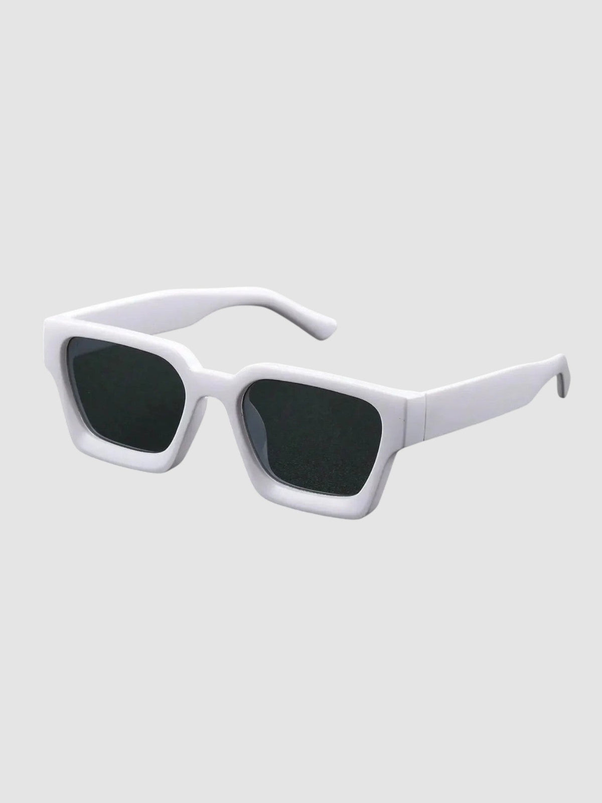 Y2K Studio white thick rectangular sunglasses with dark UV400 polycarbonate lenses and wide straight temples