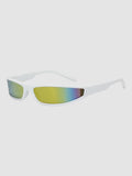 Y2K Studio white retro sunglasses with a seamless block frame and iridescent reflective mirror lenses