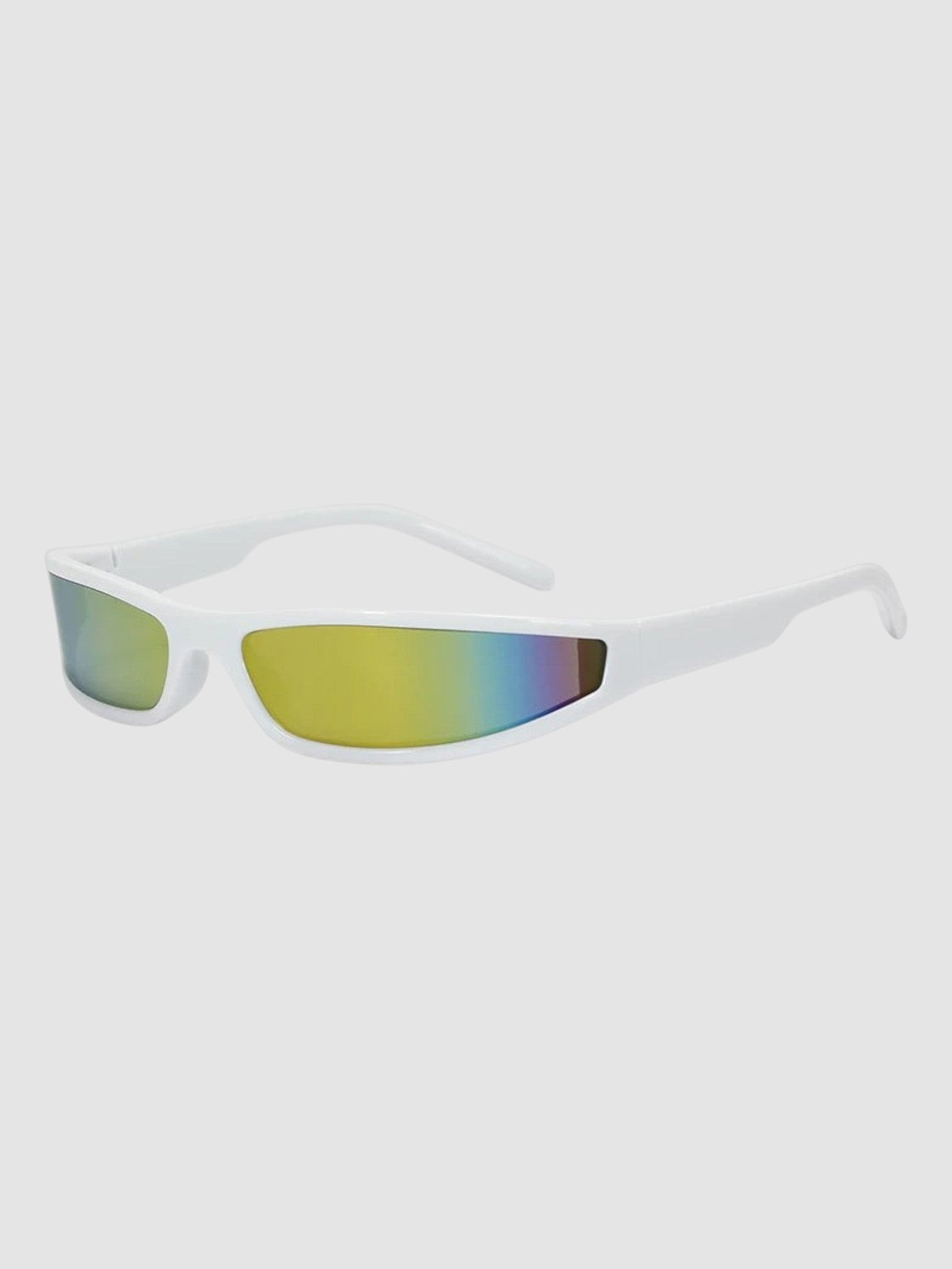 Y2K Studio white retro sunglasses with a seamless block frame and iridescent reflective mirror lenses