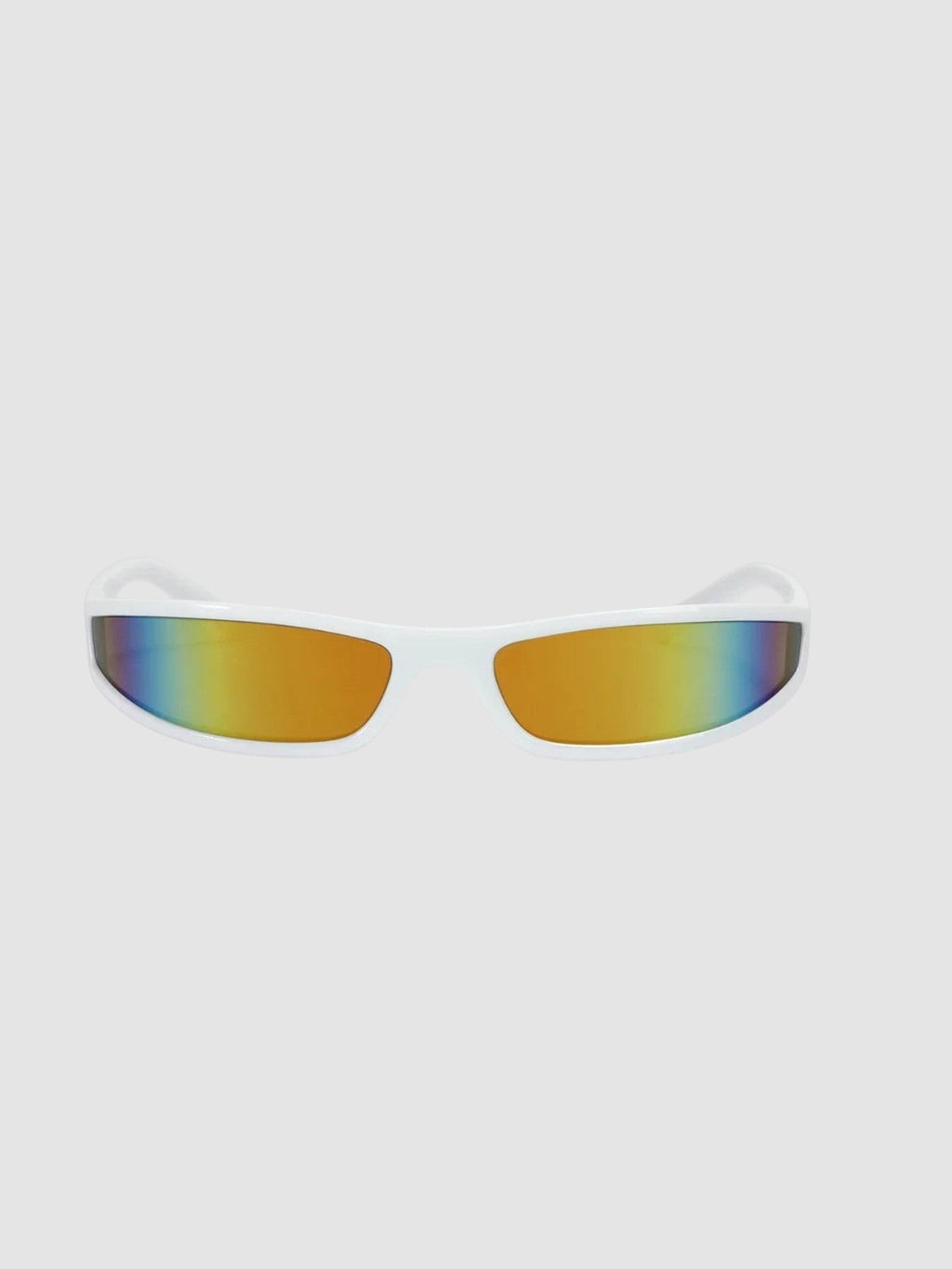 Y2K Studio white retro sunglasses with a seamless block frame and iridescent orange mirror lenses.