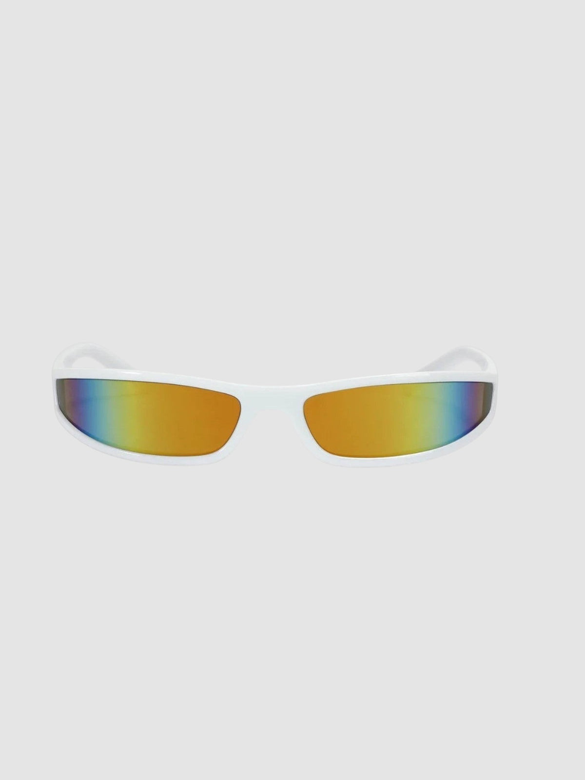 Y2K Studio white retro sunglasses with a seamless block frame and iridescent orange mirror lenses.