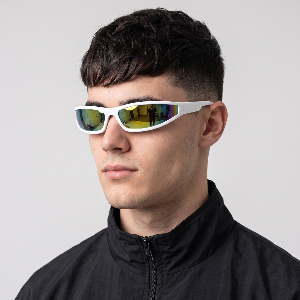 Y2K STUDIO white Y2K retro sunglasses with a seamless block frame and reflective mirror lenses worn by a man