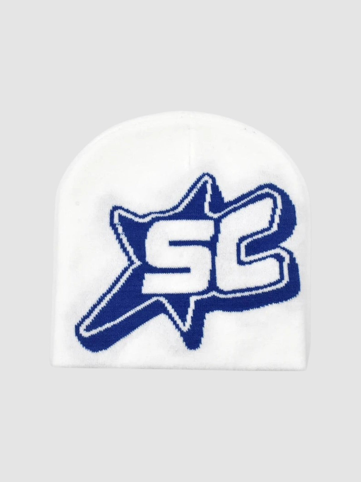 Y2K Studio streetwear skullie beanie in white with a blue SC monogram inside a shooting star graphic