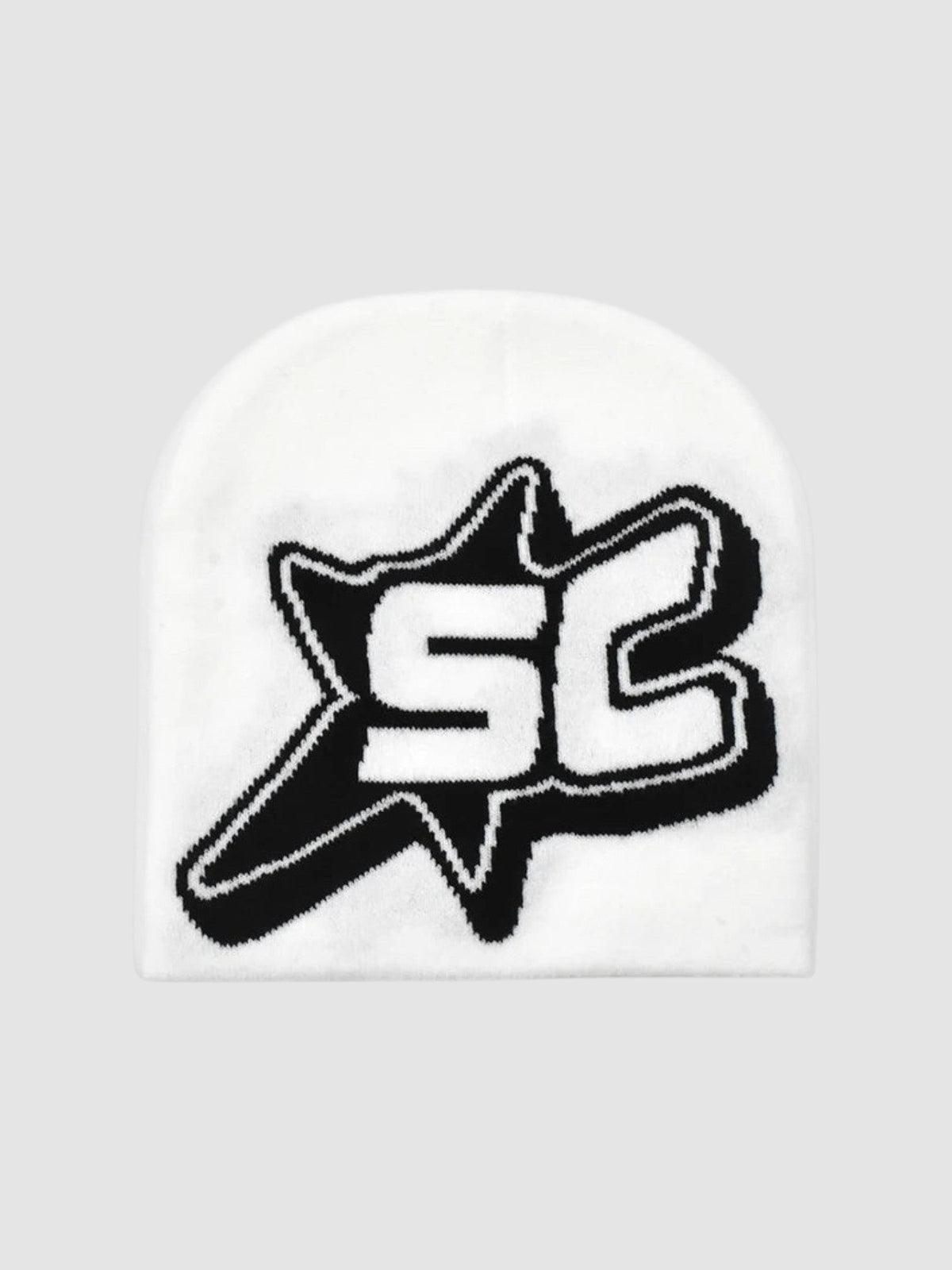Y2K Studio streetwear skullie beanie in white with a bold black SC monogram inside a shooting star graphic