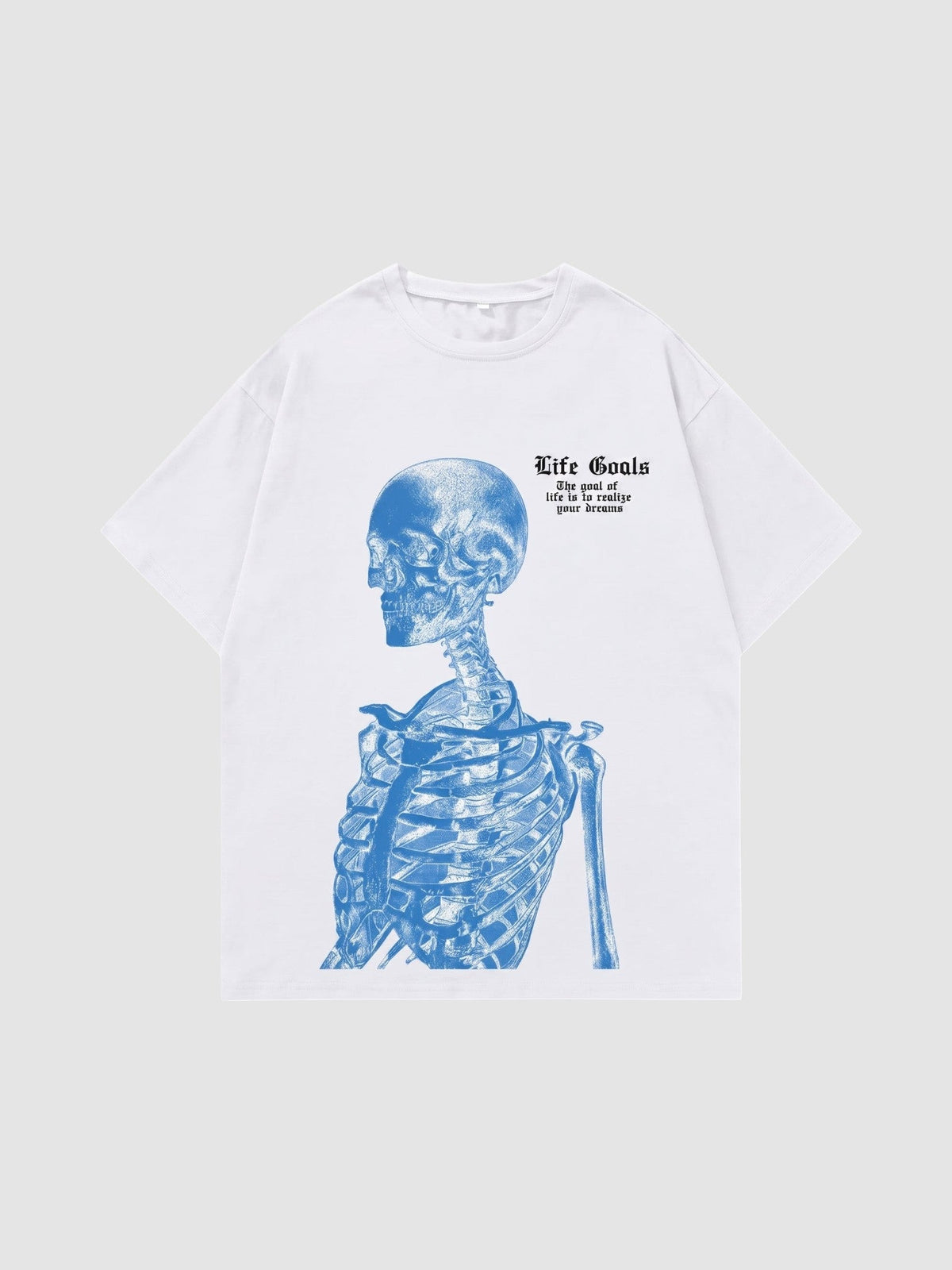 Y2K Studio white cotton unisex t-shirt featuring a blue electric skeleton print and gothic Life Goals text