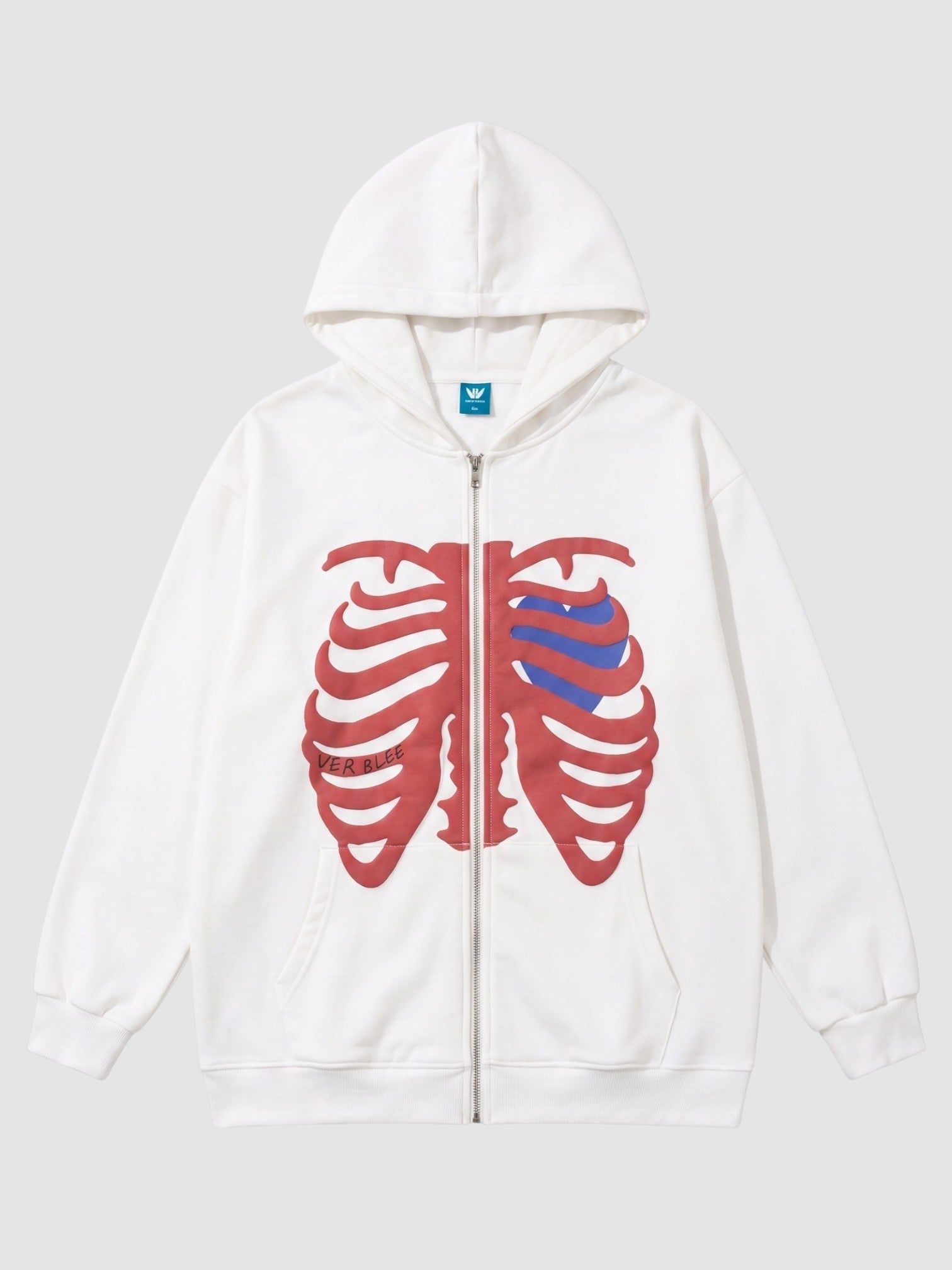 Y2K Studio white zip-up hoodie featuring a red skeleton rib cage graphic and a blue heart on the chest