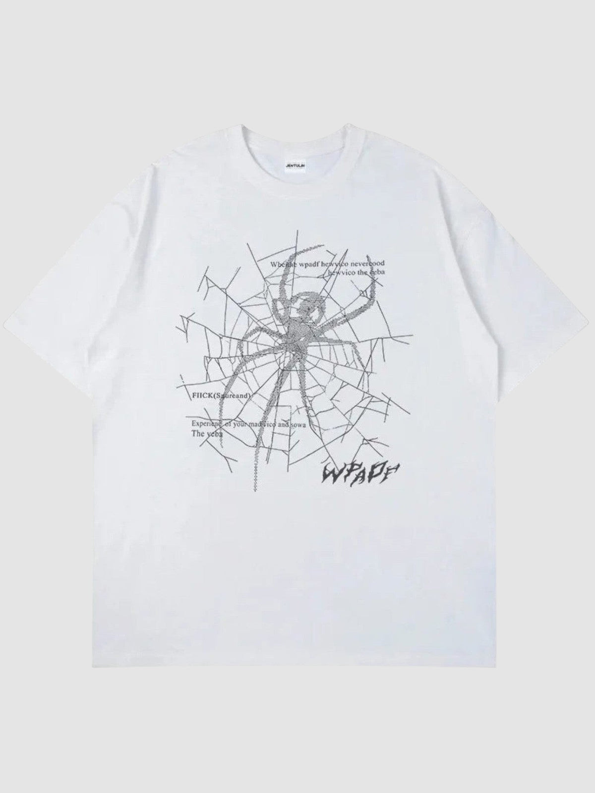 Y2K Studio white oversized t-shirt featuring a black spider web graphic and gothic lettering in a relaxed fit