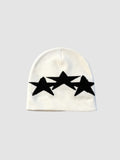 Y2K Studio white acrylic beanie featuring three overlapping black star motifs in a graphic Y2K style