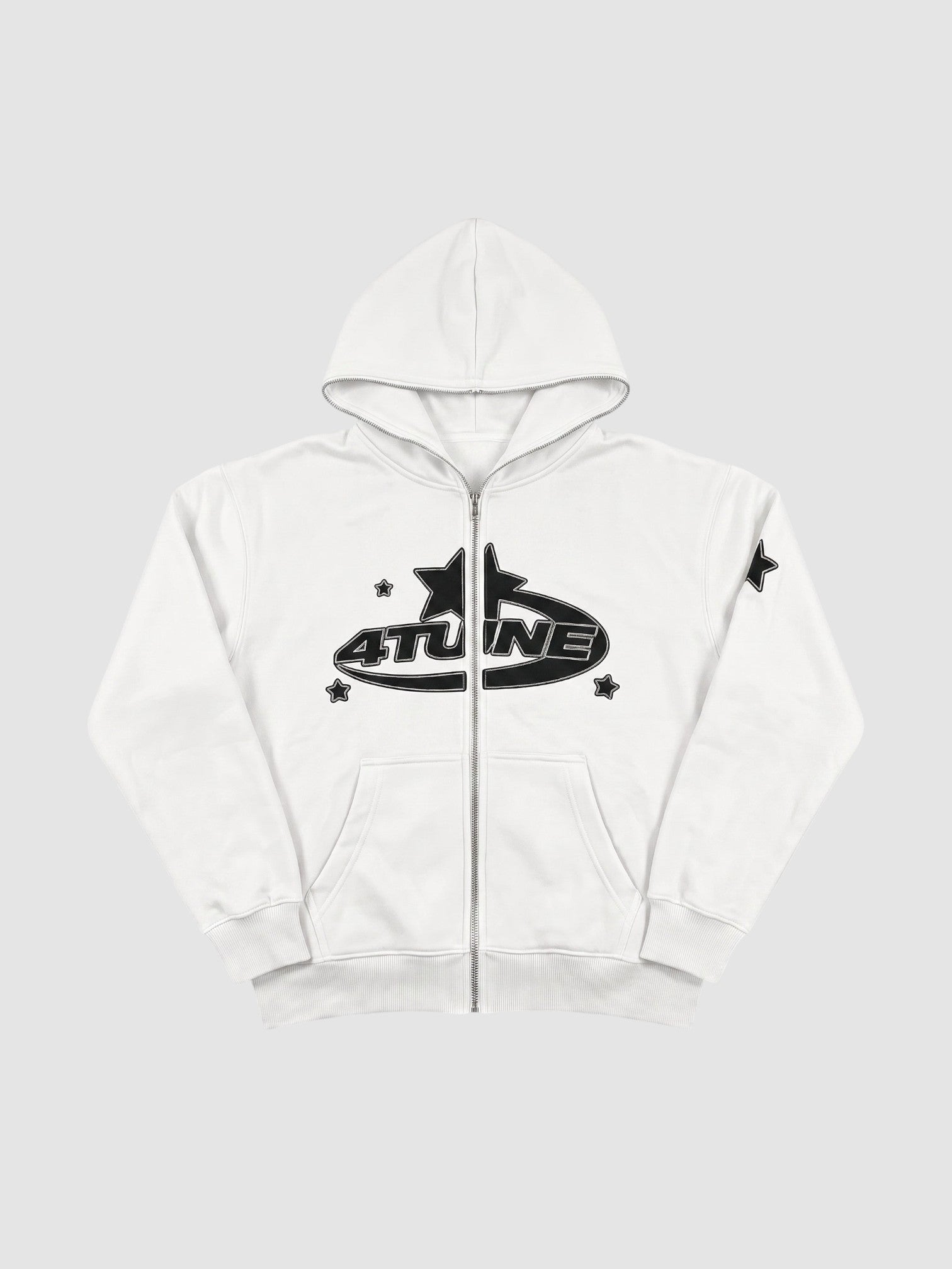 Y2K Studio white zip-up hoodie with black 4TUNE graphic, star motifs, and oversized fit on a plain background.