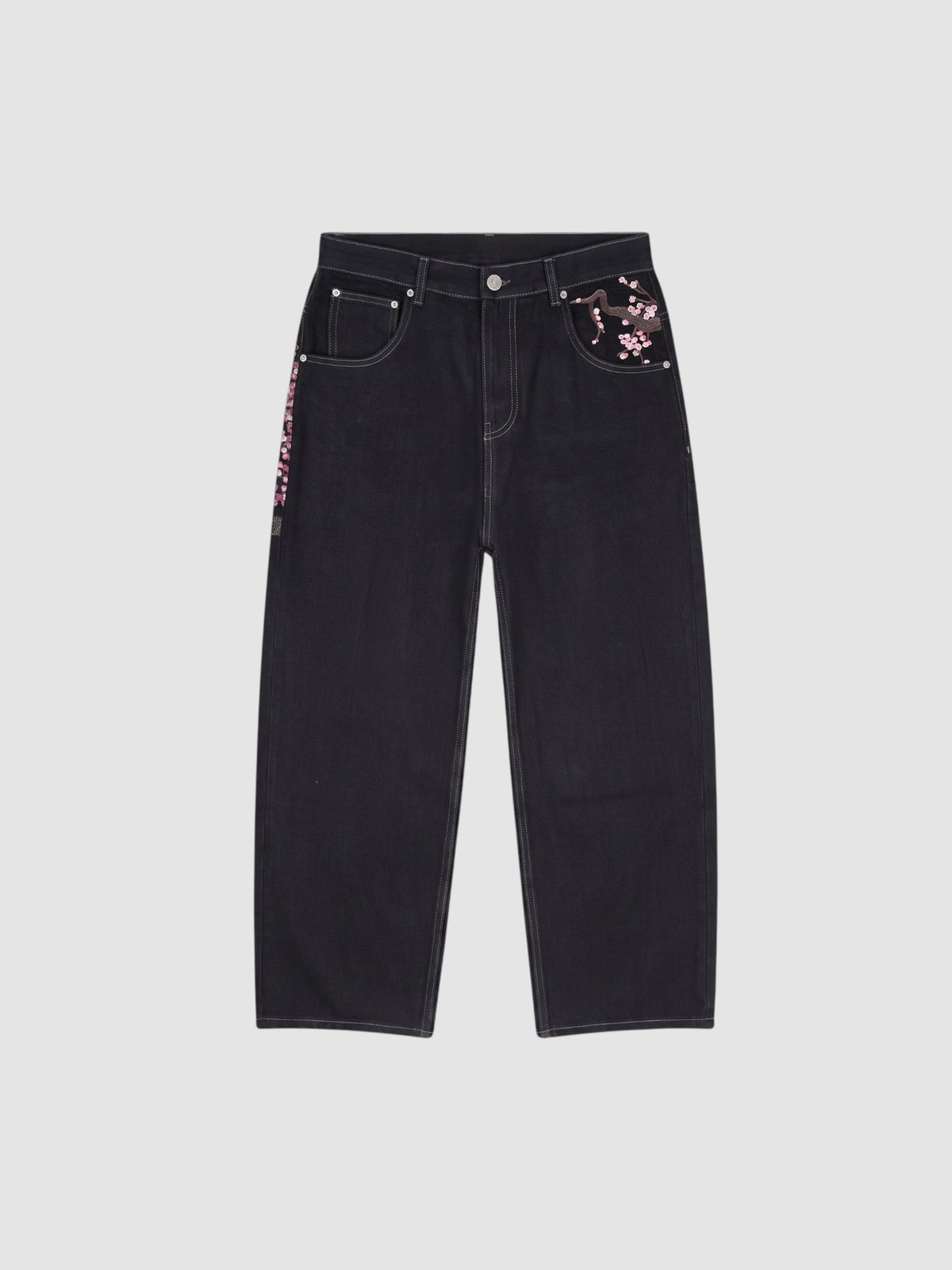 Y2K Studio wide leg dark denim jeans featuring Japanese cherry blossom embroidery on the pockets and hip