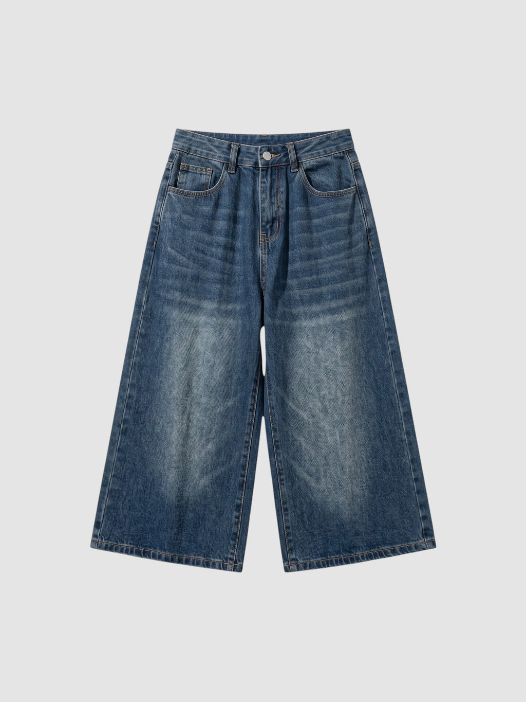 Y2K Studio high-waisted wide-leg denim bermuda shorts in a vintage-washed blue finish with a button fly closure.