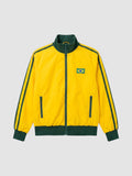 Y2K Studio yellow and green Brazil track jacket with a high collar, side zip pockets, and a national flag patch.