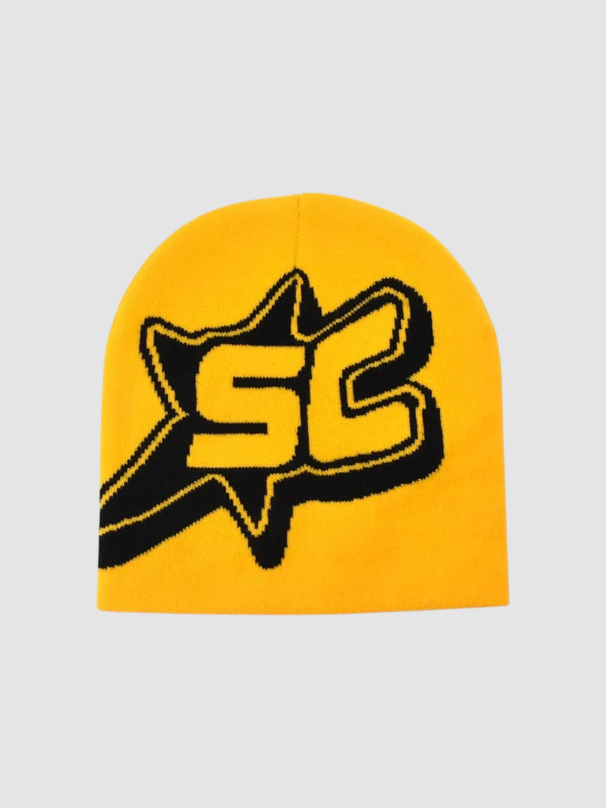 Y2K Studio yellow streetwear skullie beanie featuring a bold black SC monogram inside a shooting star graphic